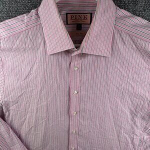 Thomas Pink Dress Shirt Button Up Long Sleeve Striped Men Pink 16.5 Slim Fit